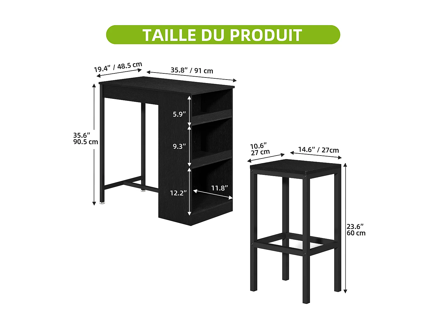 YITAHOME Table de bar 3 Pièces - 2 tabourets - Noir - Étagères ouvertes - pour la Maison, la Cuisine, le Pub et le Café