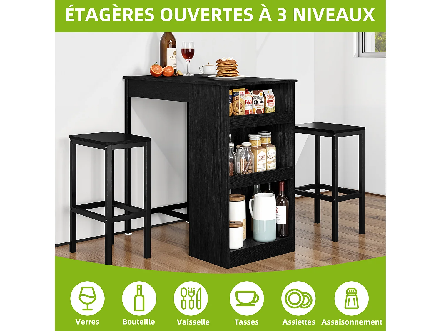 YITAHOME Table de bar 3 Pièces - 2 tabourets - Noir - Étagères ouvertes - pour la Maison, la Cuisine, le Pub et le Café