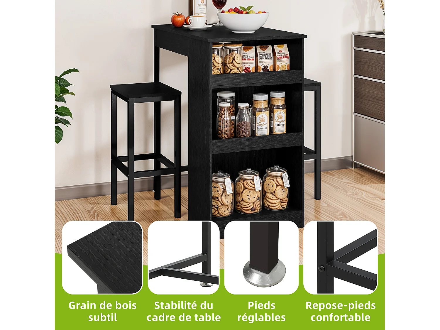 YITAHOME Table de bar 3 Pièces - 2 tabourets - Noir - Étagères ouvertes - pour la Maison, la Cuisine, le Pub et le Café