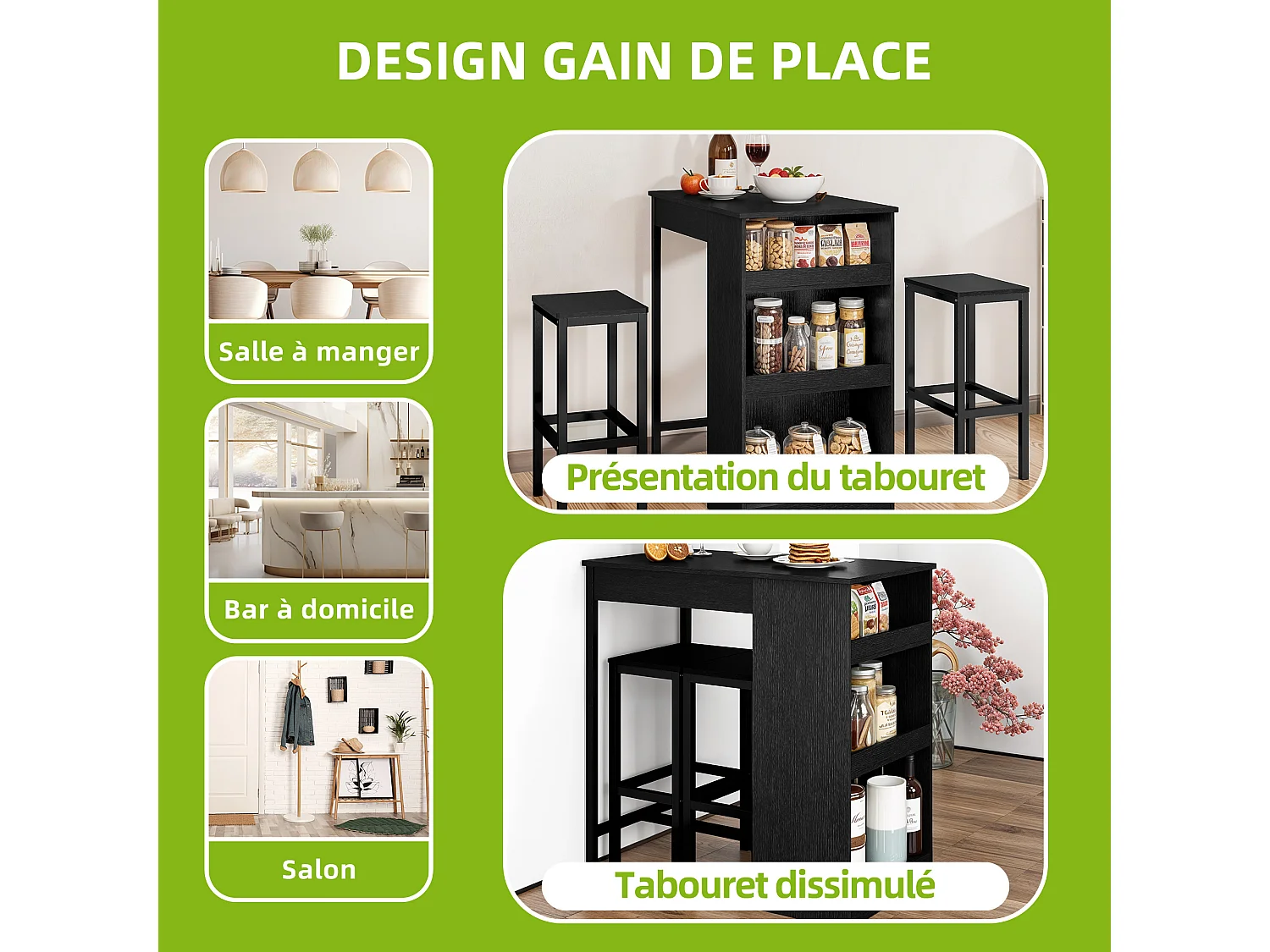 YITAHOME Table de bar 3 Pièces - 2 tabourets - Noir - Étagères ouvertes - pour la Maison, la Cuisine, le Pub et le Café