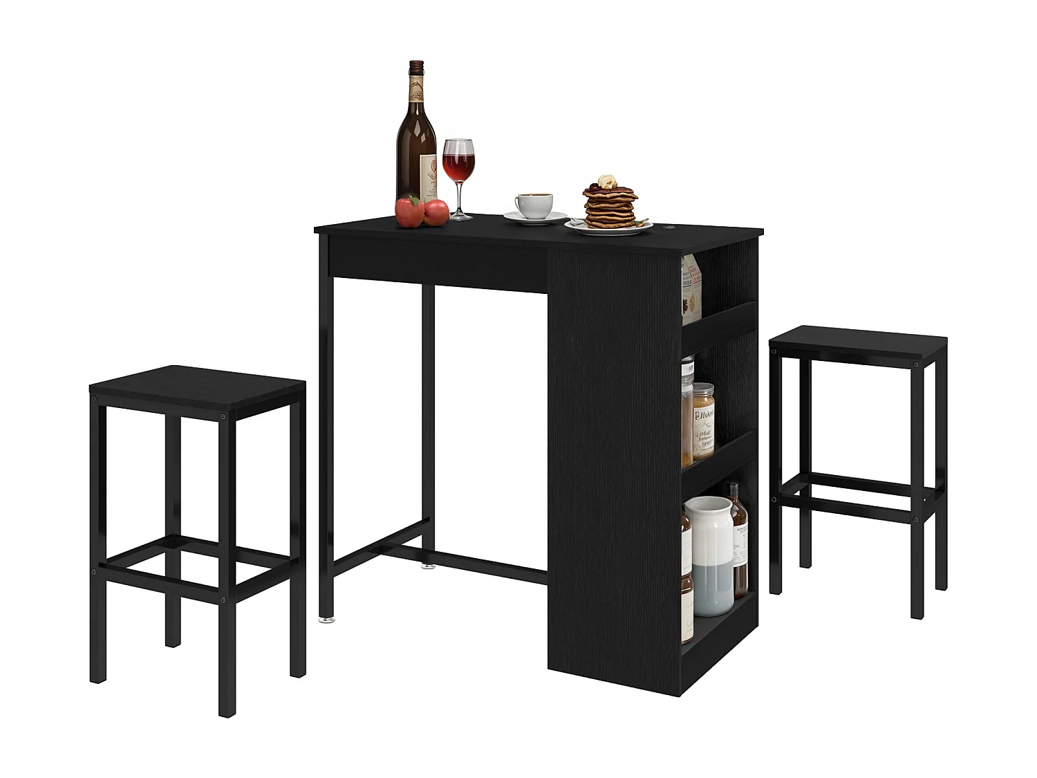 YITAHOME Table de bar 3 Pièces - 2 tabourets - Noir - Étagères ouvertes - pour la Maison, la Cuisine, le Pub et le Café