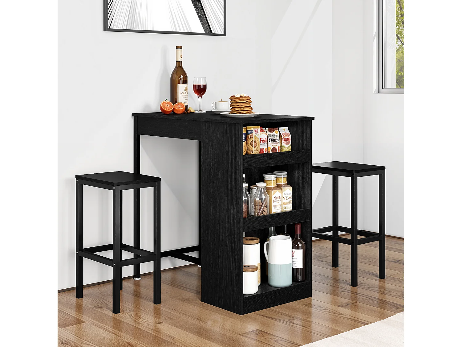 YITAHOME Table de bar 3 Pièces - 2 tabourets - Noir - Étagères ouvertes - pour la Maison, la Cuisine, le Pub et le Café