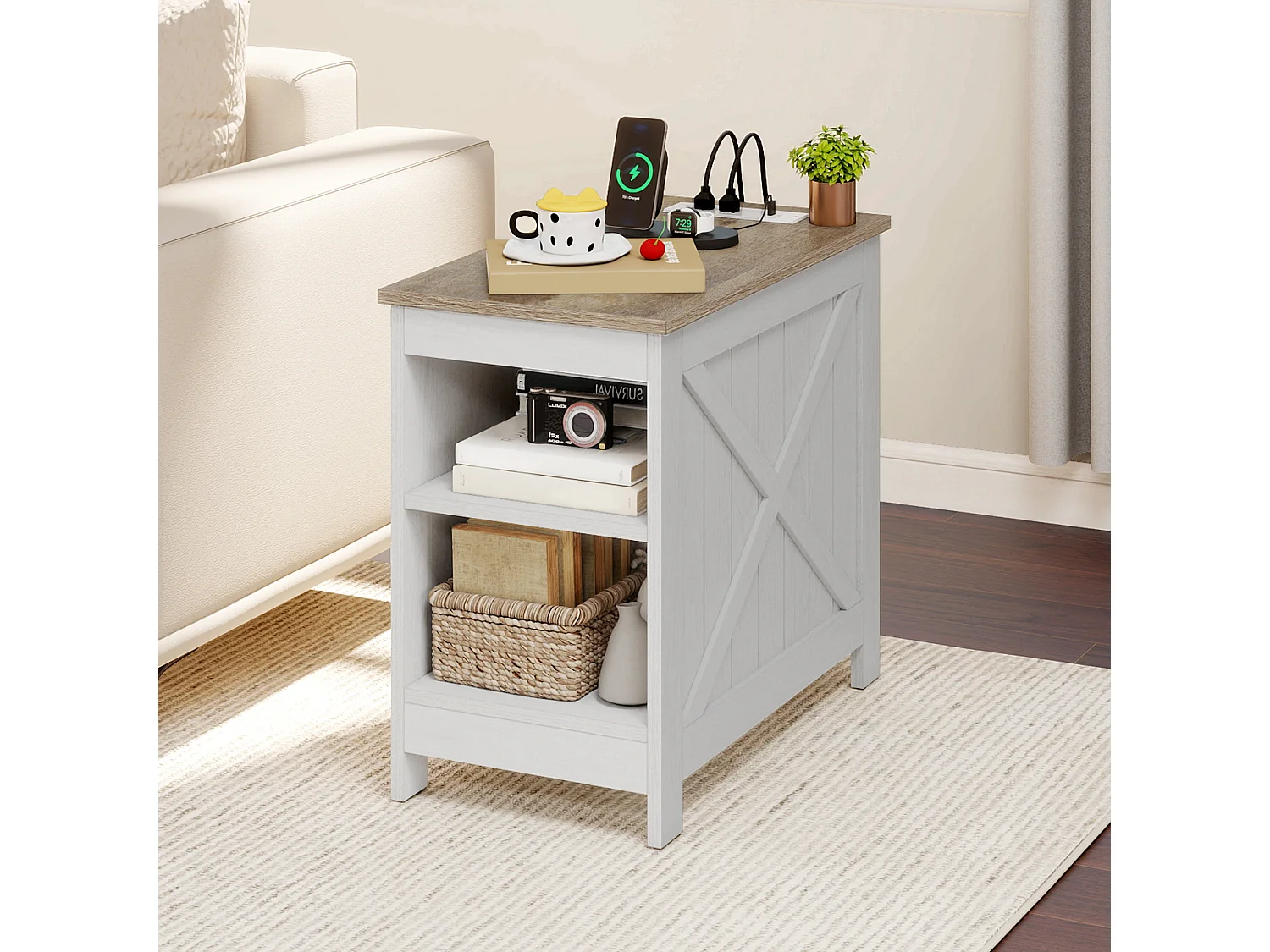 YITAHOME Table d'Appoint avec Prise électrique - Blanc- Bout de Canapé Double Couche, pour Salon, Chambre - 60X30X50CM