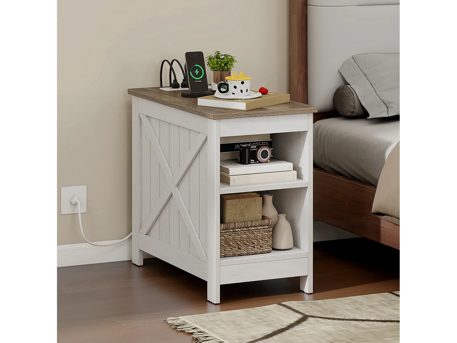 YITAHOME Table d'Appoint avec Prise électrique - Blanc- Bout de Canapé Double Couche, pour Salon, Chambre - 60X30X50CM