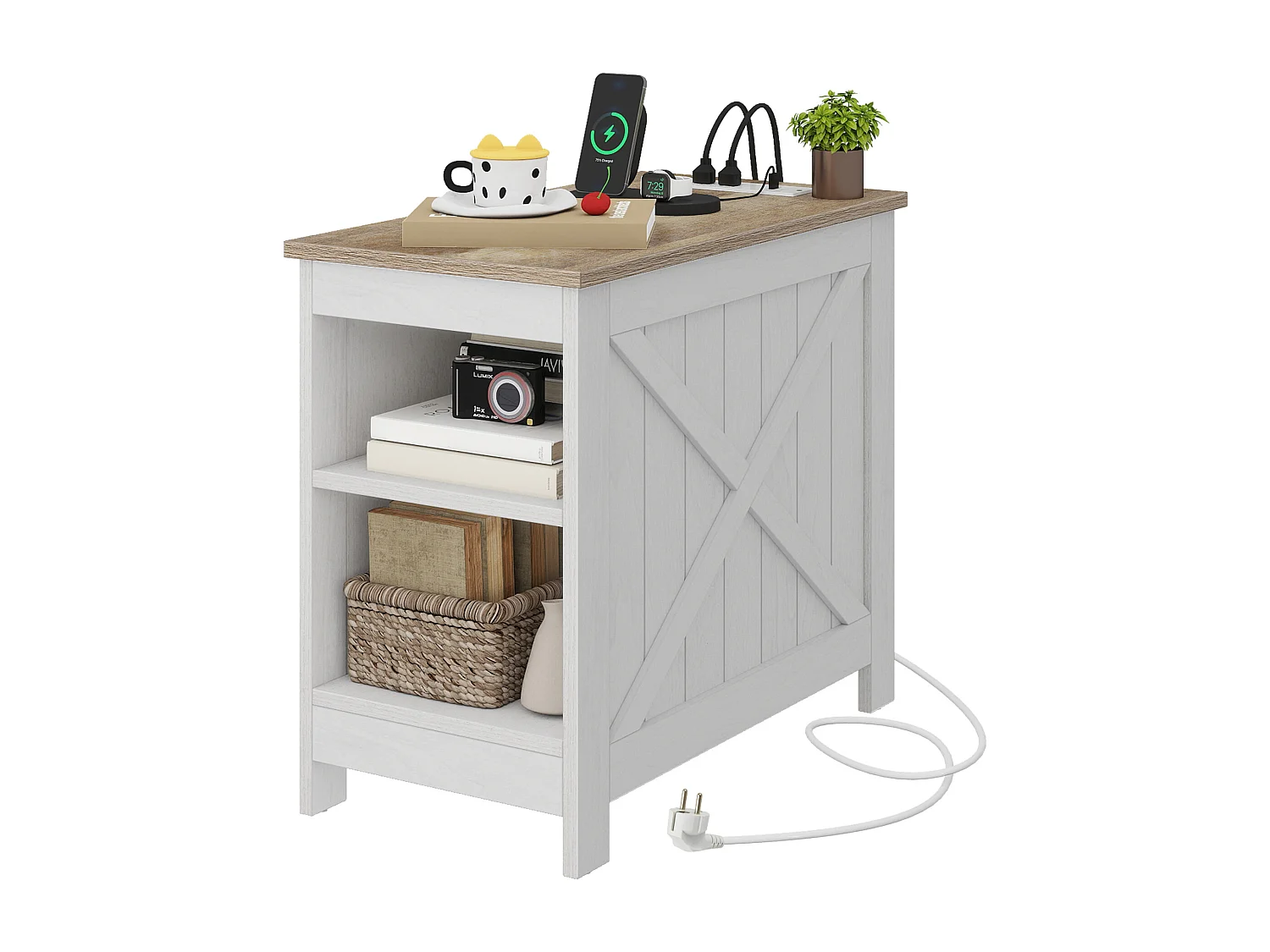 YITAHOME Table d'Appoint avec Prise électrique - Blanc- Bout de Canapé Double Couche, pour Salon, Chambre - 60X30X50CM