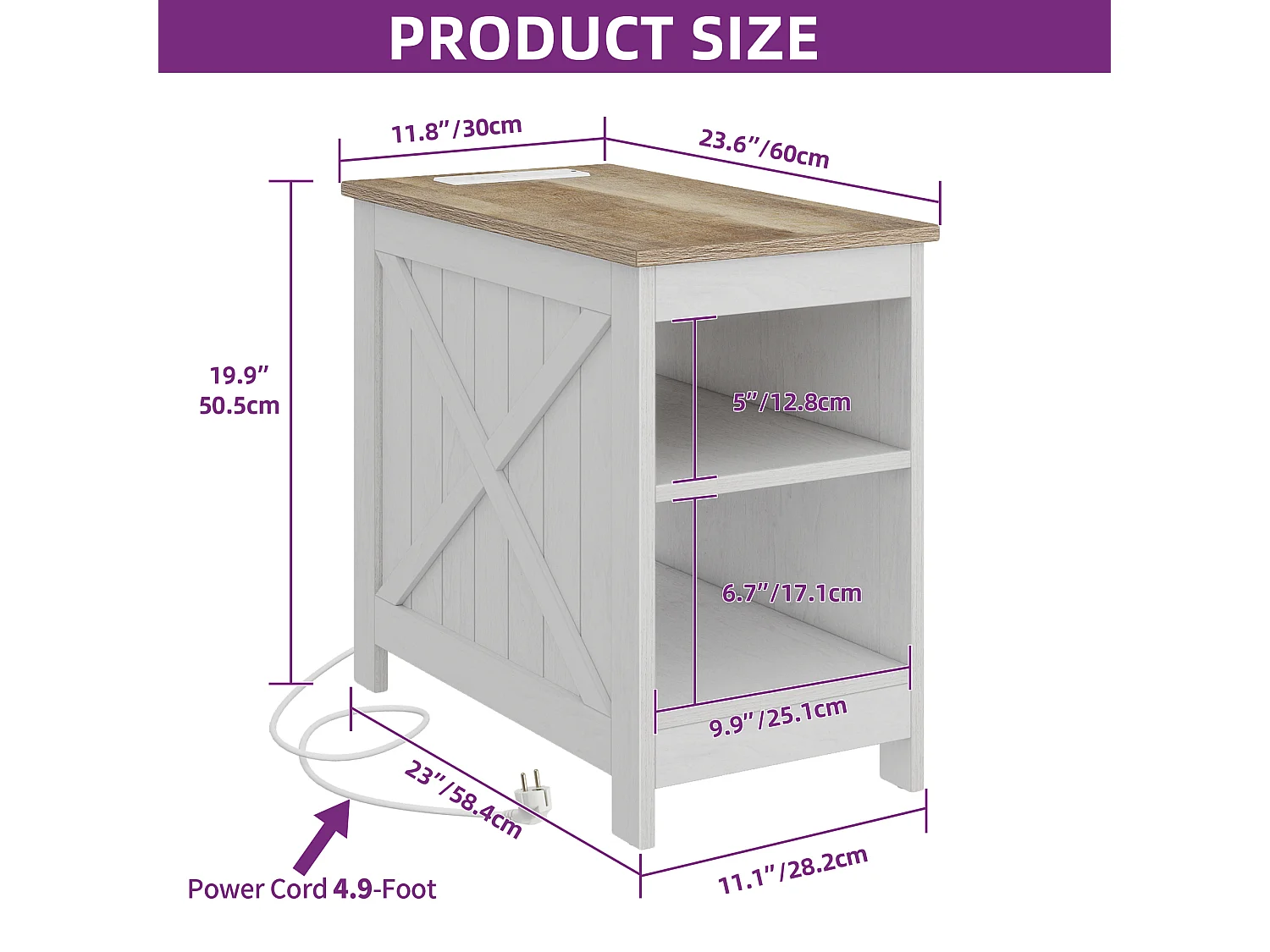 YITAHOME Table d'Appoint avec Prise électrique - Blanc- Bout de Canapé Double Couche, pour Salon, Chambre - 60X30X50CM