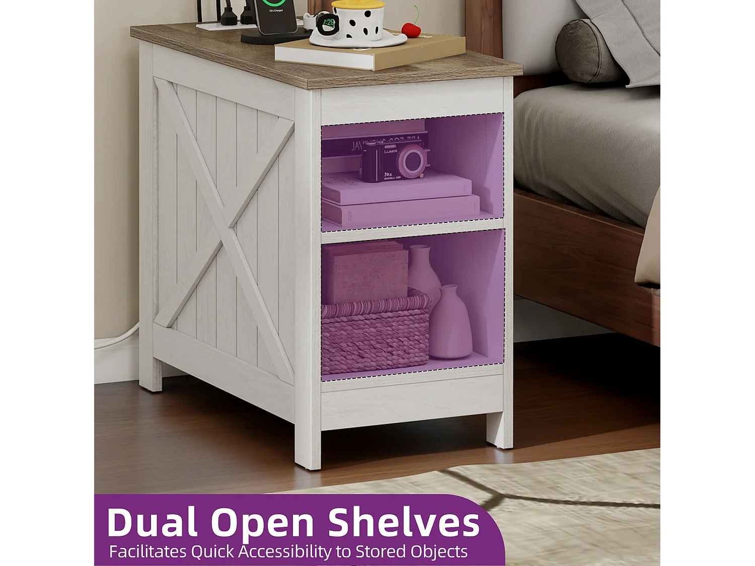 YITAHOME Table d'Appoint avec Prise électrique - Blanc- Bout de Canapé Double Couche, pour Salon, Chambre - 60X30X50CM