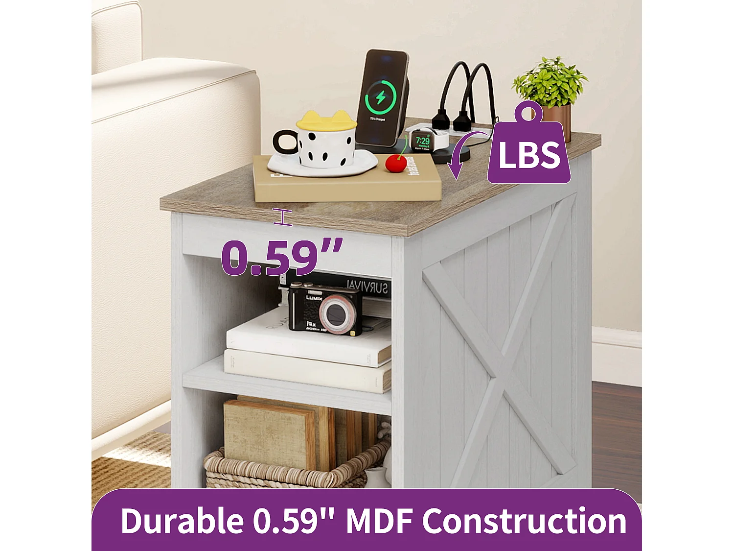 YITAHOME Table d'Appoint avec Prise électrique - Blanc- Bout de Canapé Double Couche, pour Salon, Chambre - 60X30X50CM