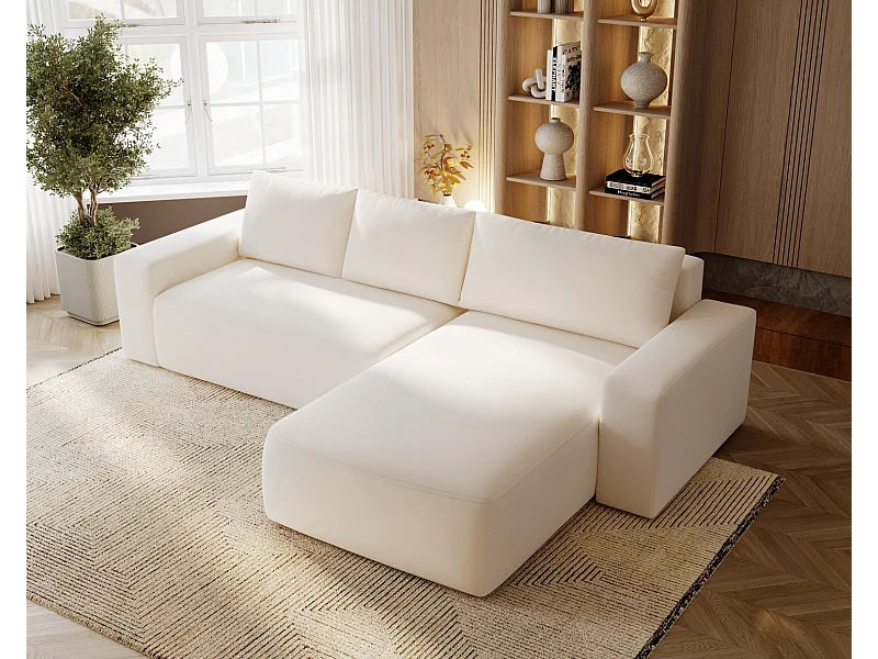 Emporius Aldo L narożnik do salonu - sofa z funkcją spania i pojemnikiem - nowoczesny styl, prawostronny, tkanina aksamitna, kremowy (Komodo 10)