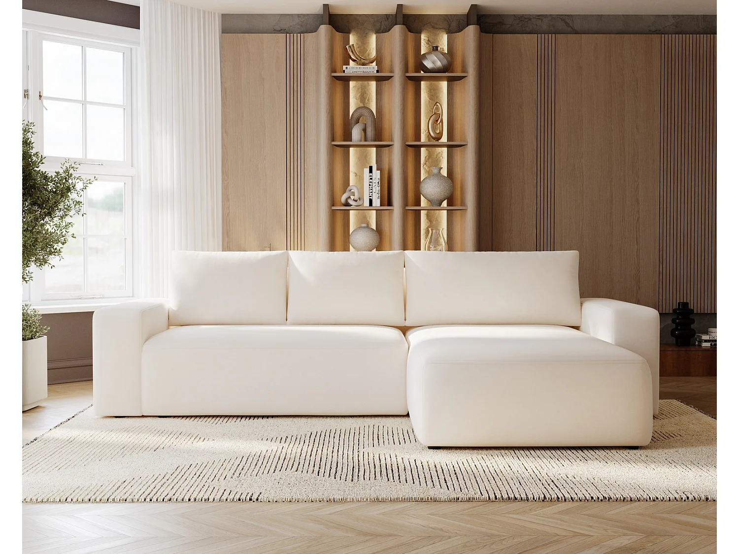 Emporius Aldo L narożnik do salonu - sofa z funkcją spania i pojemnikiem - nowoczesny styl, prawostronny, tkanina aksamitna, kremowy (Komodo 10)