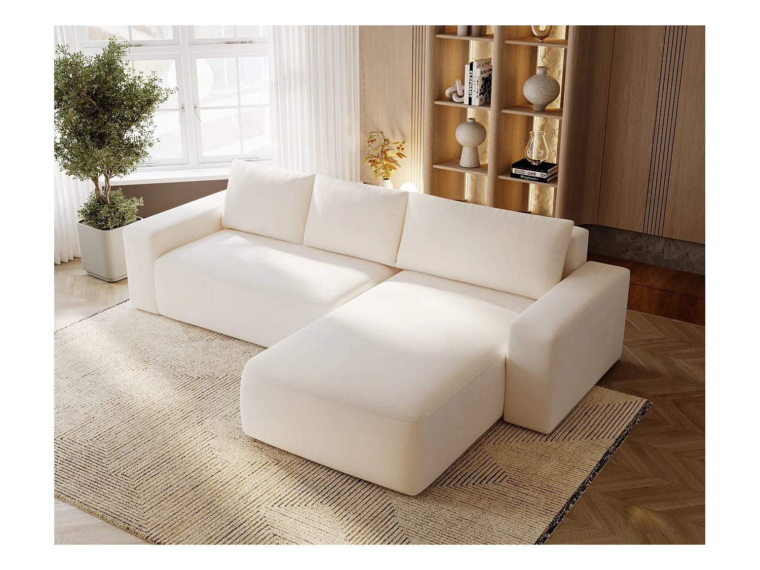 Emporius Aldo L Droit Canapé d'angle Convertible avec Coffre de Rangement - Canapé 3 Places 250x165 cm, Canapé Lit Crème (Komodo 10)