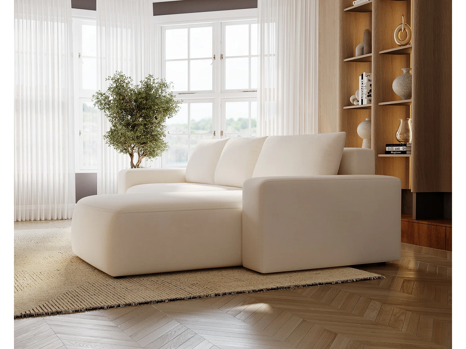 Emporius Aldo L rechts Hoekbank met slaapfunctie en bedlade, Sofa 250x165 cm - woonkamerbank crème (Komodo 10)