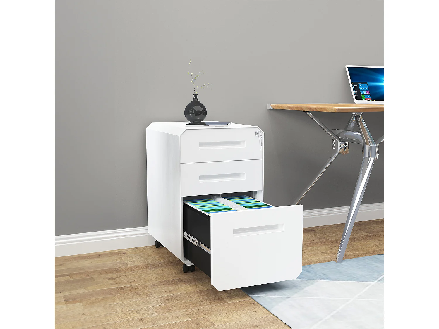 Caisson de Bureau - 3 Tiroirs Métal Caisson de Rangement avec roulettes - Meuble de Bureau pour Dossiers Suspendus - Blanc - 51 x 40 x 64cm