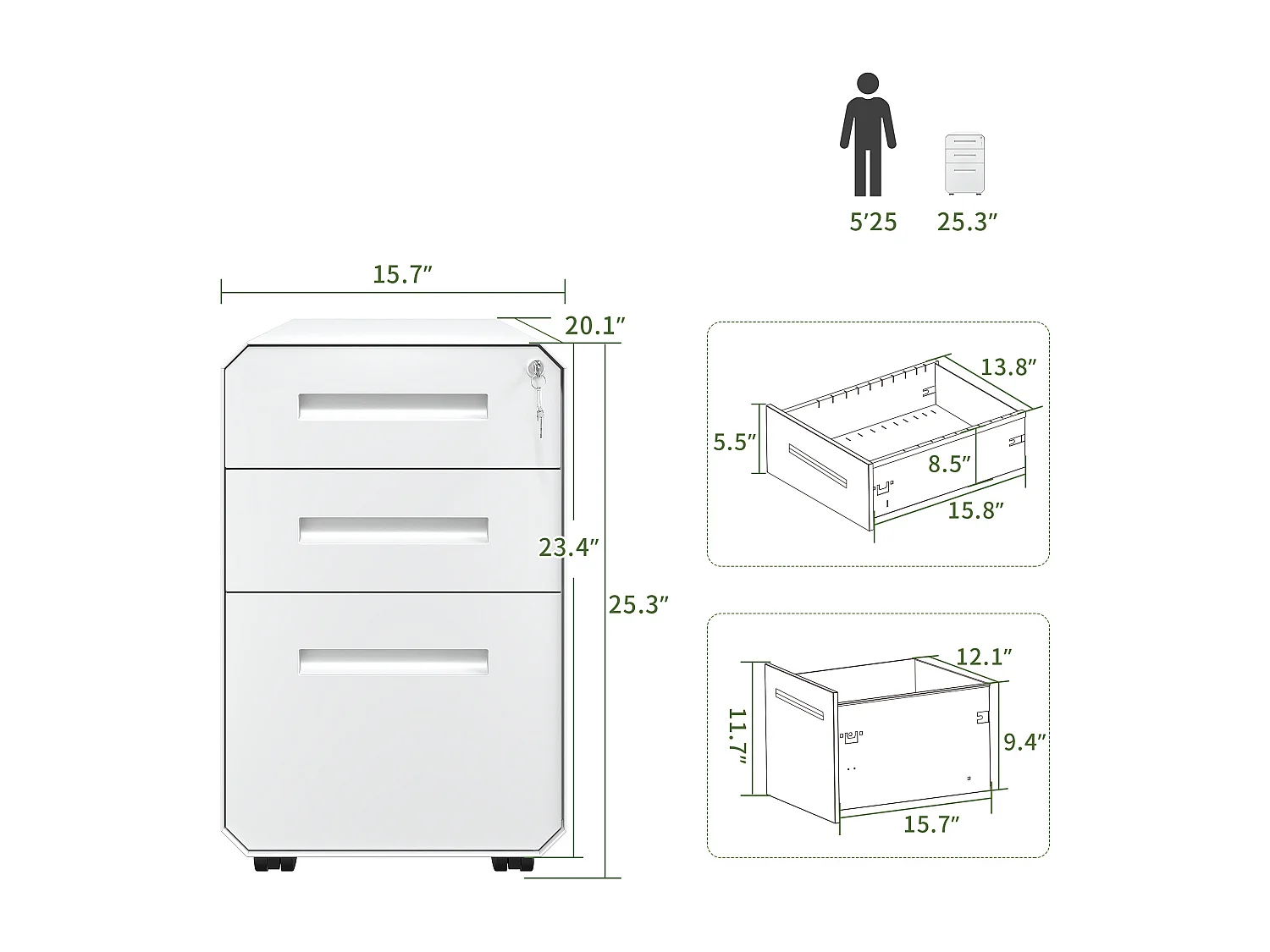Caisson de Bureau - 3 Tiroirs Métal Caisson de Rangement avec roulettes - Meuble de Bureau pour Dossiers Suspendus - Blanc - 51 x 40 x 64cm