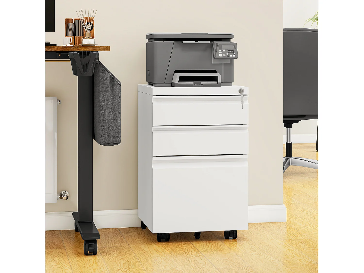 Caisson de Bureau - 3 Tiroirs Métal Caisson de Rangement - Meuble de Bureau avec roulettes pour Dossiers Suspendus - Blanc - 46 x 39 x 62cm