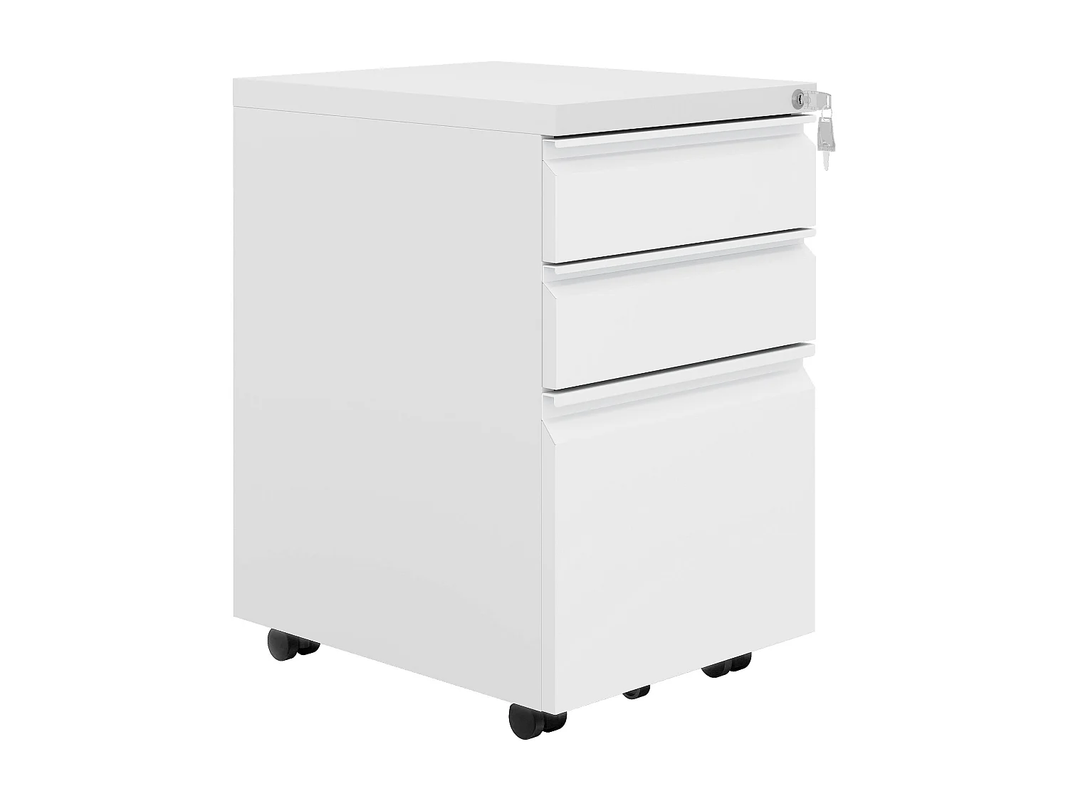 Caisson de Bureau - 3 Tiroirs Métal Caisson de Rangement - Meuble de Bureau avec roulettes pour Dossiers Suspendus - Blanc - 46 x 39 x 62cm