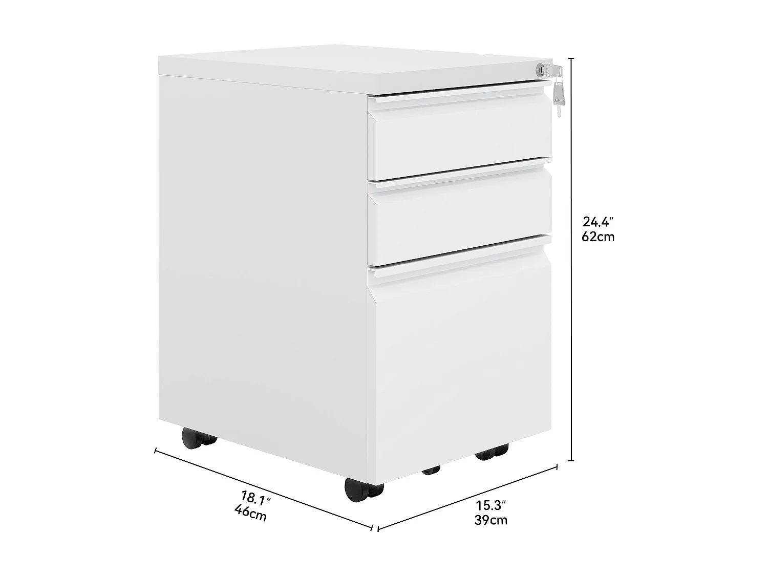 Caisson de Bureau - 3 Tiroirs Métal Caisson de Rangement - Meuble de Bureau avec roulettes pour Dossiers Suspendus - Blanc - 46 x 39 x 62cm