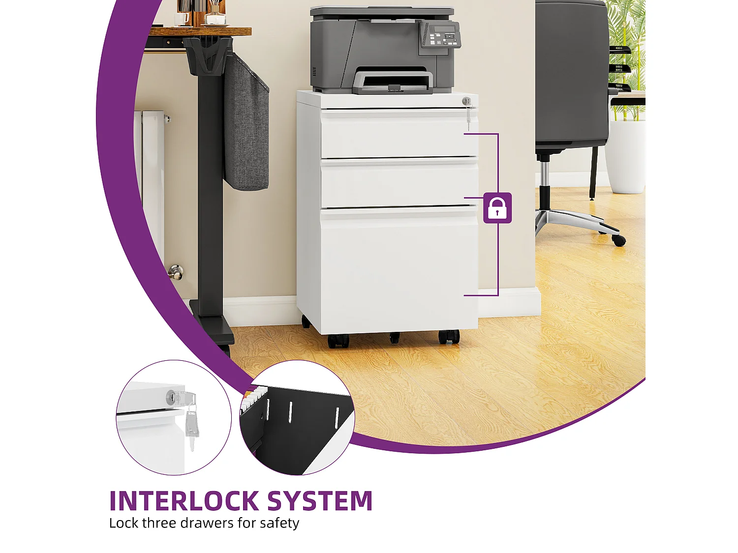 Caisson de Bureau - 3 Tiroirs Métal Caisson de Rangement - Meuble de Bureau avec roulettes pour Dossiers Suspendus - Blanc - 46 x 39 x 62cm