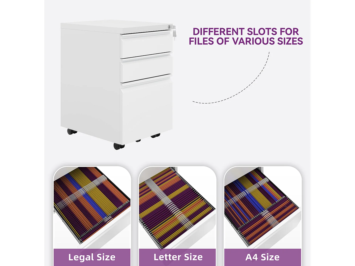 Caisson de Bureau - 3 Tiroirs Métal Caisson de Rangement - Meuble de Bureau avec roulettes pour Dossiers Suspendus - Blanc - 46 x 39 x 62cm