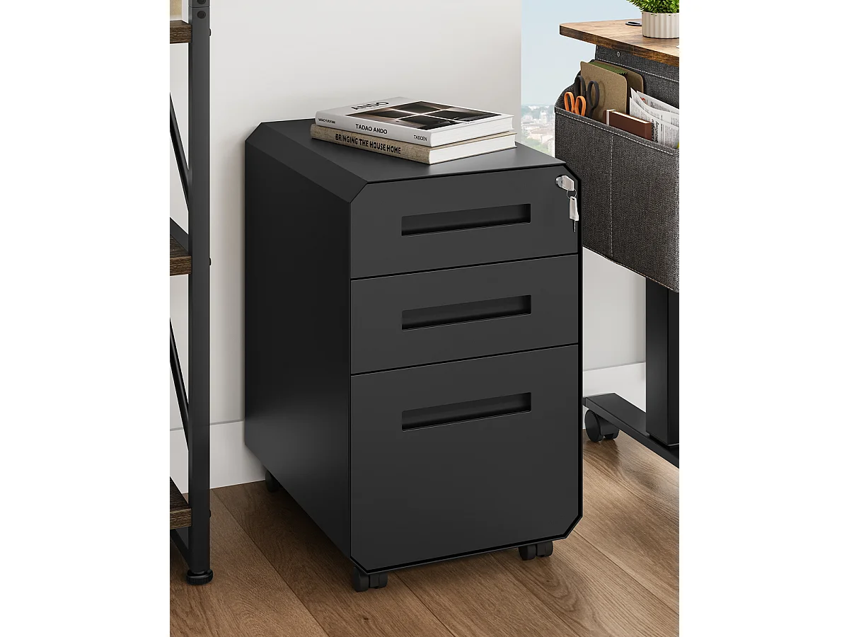 Caisson de Bureau - 3 Tiroirs Métal Caisson de Rangement avec roulettes - Noir - 51 x 40 x 64cm