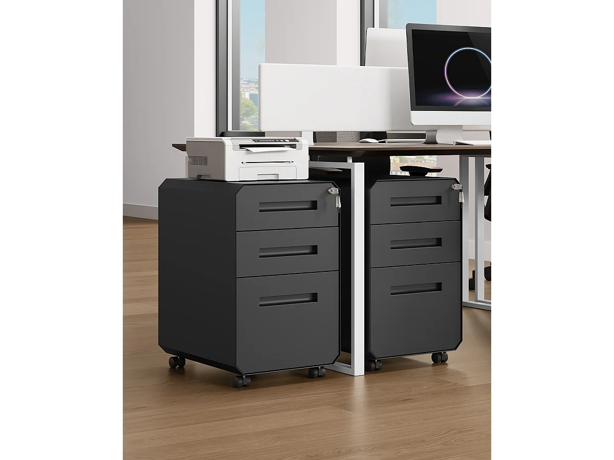 Caisson de Bureau - 3 Tiroirs Métal Caisson de Rangement avec roulettes - Noir - 51 x 40 x 64cm