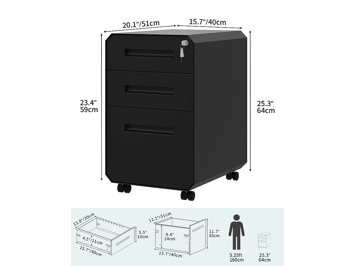 Caisson de Bureau - 3 Tiroirs Métal Caisson de Rangement avec roulettes - Noir - 51 x 40 x 64cm