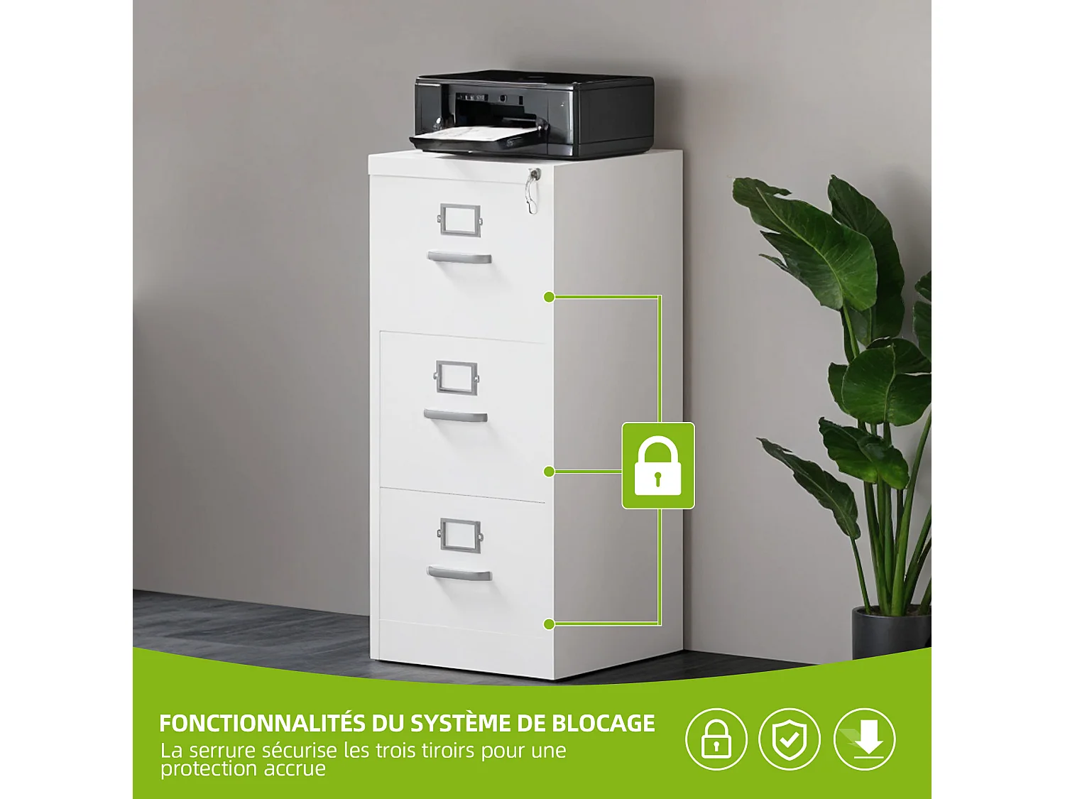 Caisson de classement à 3 tiroirs - verrouillable pour Format Lettre/légal/A4 - pour Bureau à Domicile - 3 tiroirs - Blanc