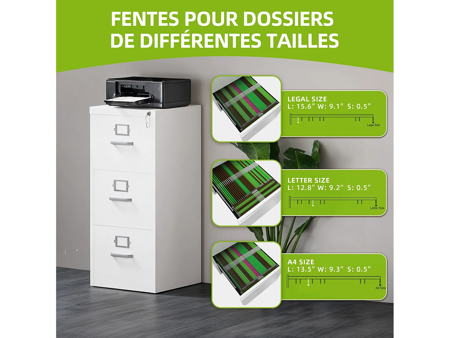 Caisson de classement à 3 tiroirs - verrouillable pour Format Lettre/légal/A4 - pour Bureau à Domicile - 3 tiroirs - Blanc