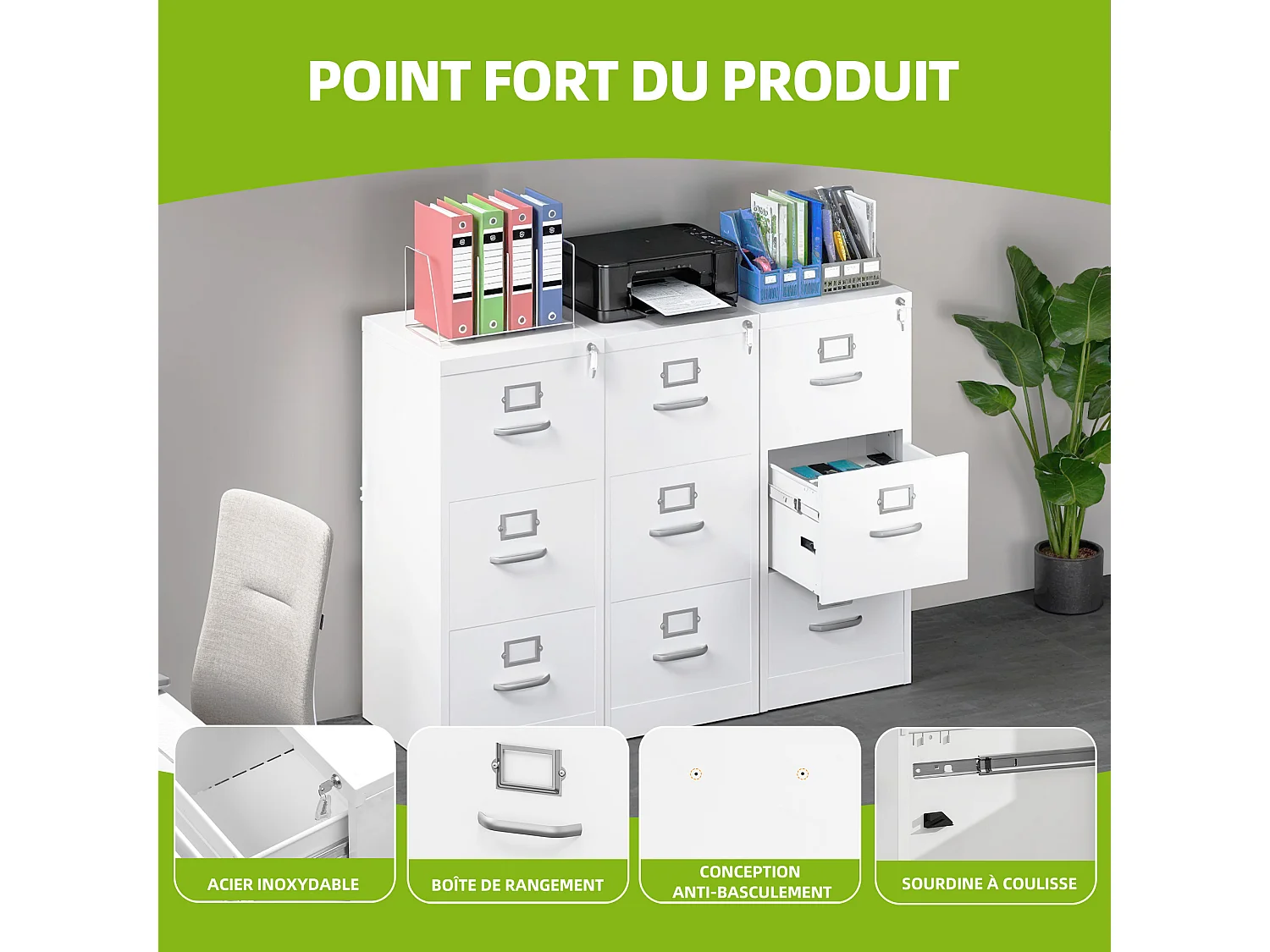 Caisson de classement à 3 tiroirs - verrouillable pour Format Lettre/légal/A4 - pour Bureau à Domicile - 3 tiroirs - Blanc