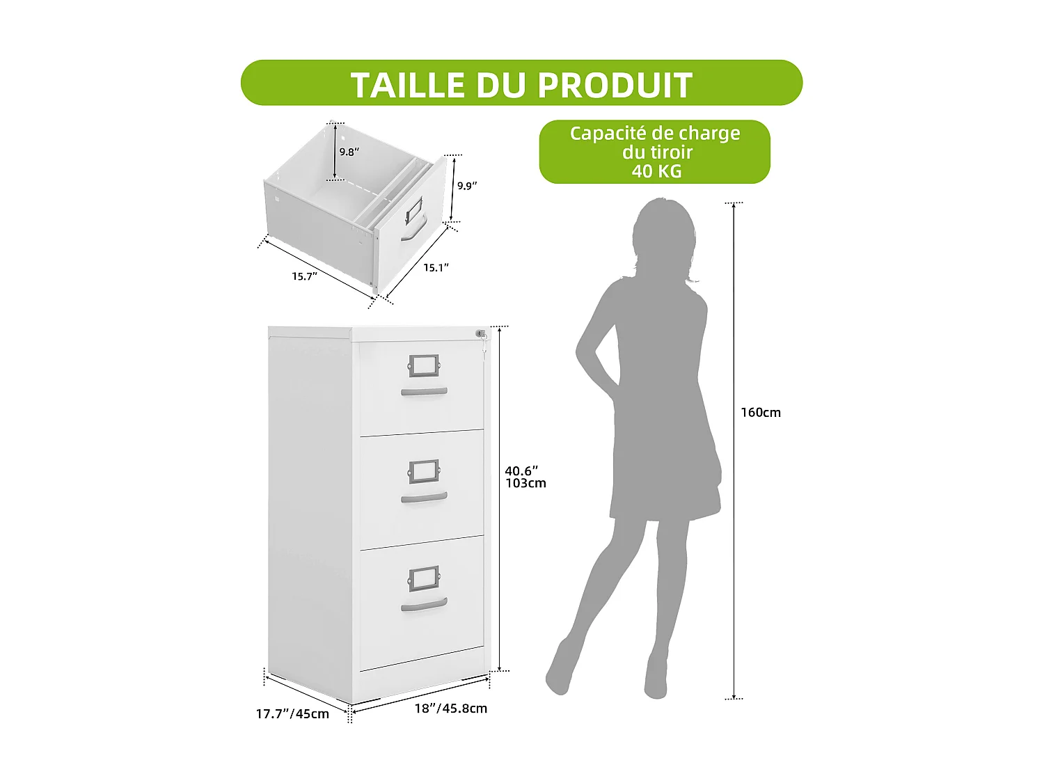 Caisson de classement à 3 tiroirs - verrouillable pour Format Lettre/légal/A4 - pour Bureau à Domicile - 3 tiroirs - Blanc