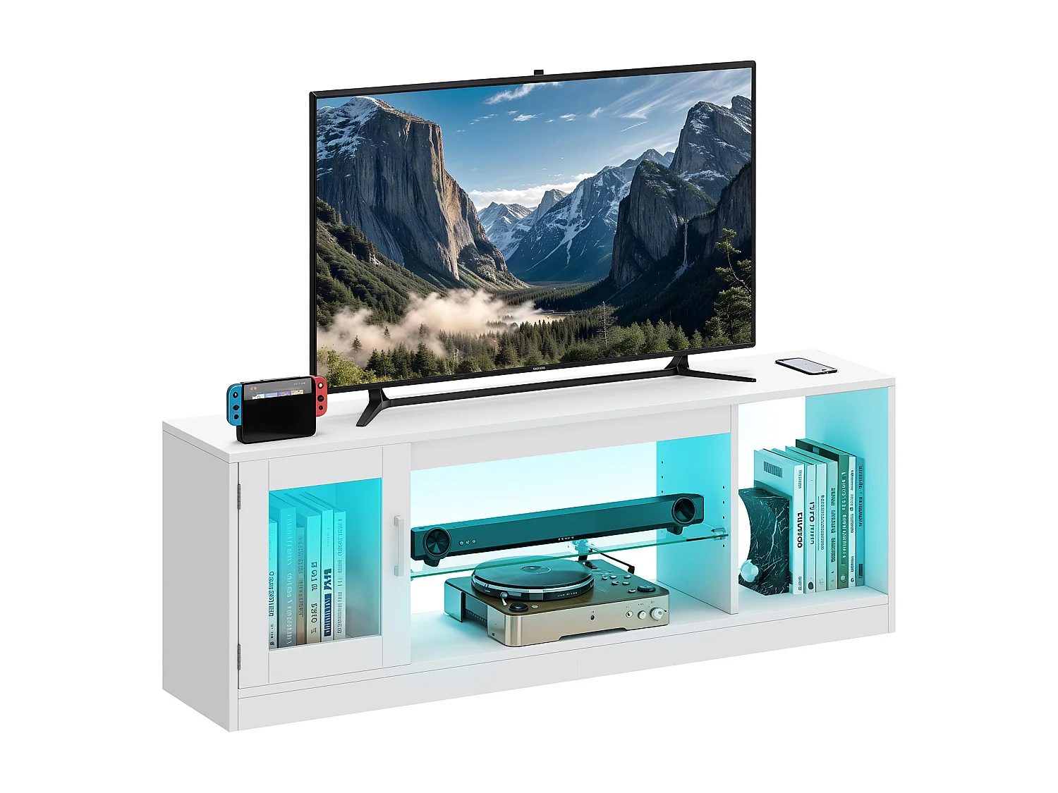 YITAHOME Meuble TV - 148*32*51cm - avec Étagère de Rangement Ouverte - pour le Salon - Blanc