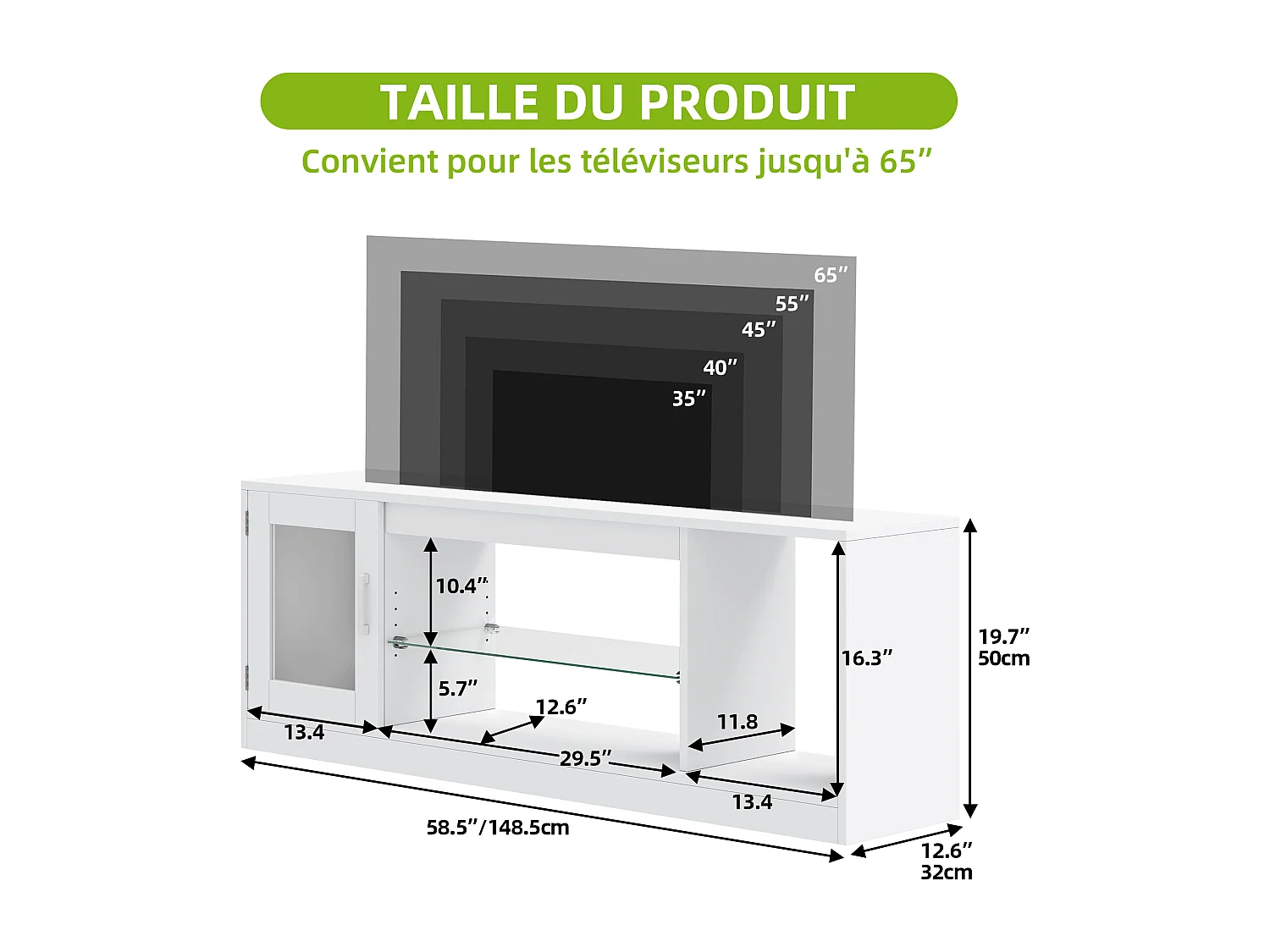 YITAHOME Meuble TV - 148*32*51cm - avec Étagère de Rangement Ouverte - pour le Salon - Blanc