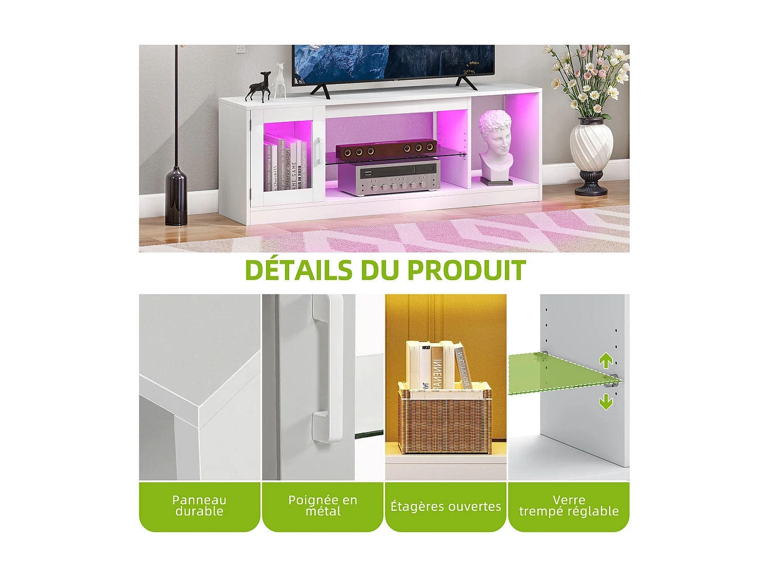 YITAHOME Meuble TV - 148*32*51cm - avec Étagère de Rangement Ouverte - pour le Salon - Blanc