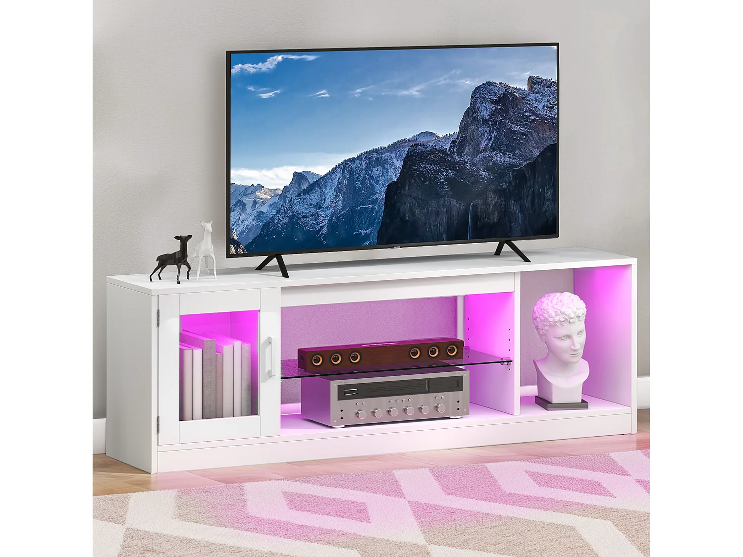 YITAHOME Meuble TV - 148*32*51cm - avec Étagère de Rangement Ouverte - pour le Salon - Blanc