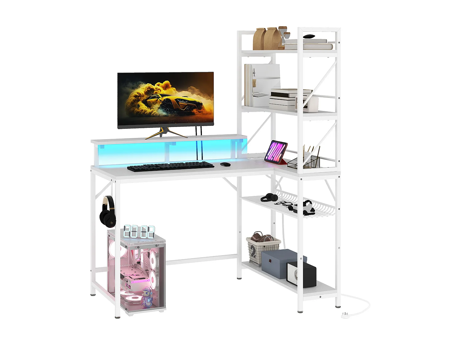 YITAHOME Bureau avec Étagère - LED - Bureau avec 2 Prises et 2 Ports de Charge USB - Table avec support d'écran -106cm - Blanc