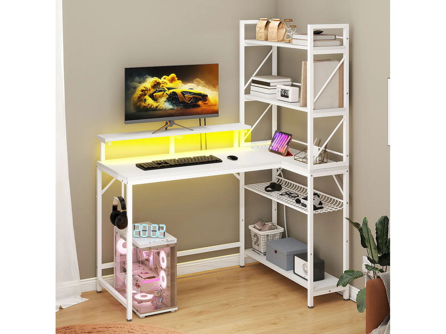 YITAHOME Bureau avec Étagère - LED - Bureau avec 2 Prises et 2 Ports de Charge USB - Table avec support d'écran -106cm - Blanc