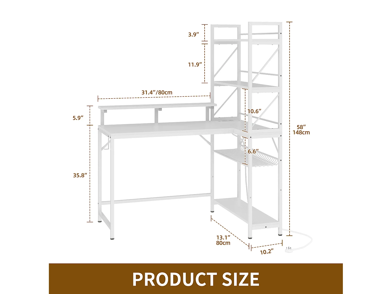 YITAHOME Bureau avec Étagère - LED - Bureau avec 2 Prises et 2 Ports de Charge USB - Table avec support d'écran -106cm - Blanc
