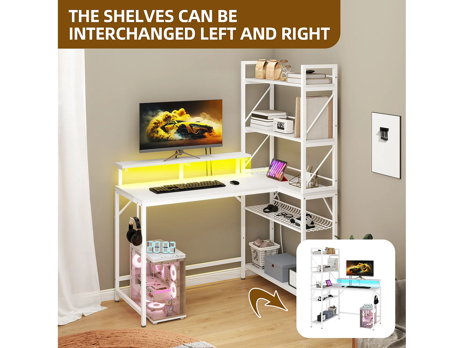 YITAHOME Bureau avec Étagère - LED - Bureau avec 2 Prises et 2 Ports de Charge USB - Table avec support d'écran -106cm - Blanc