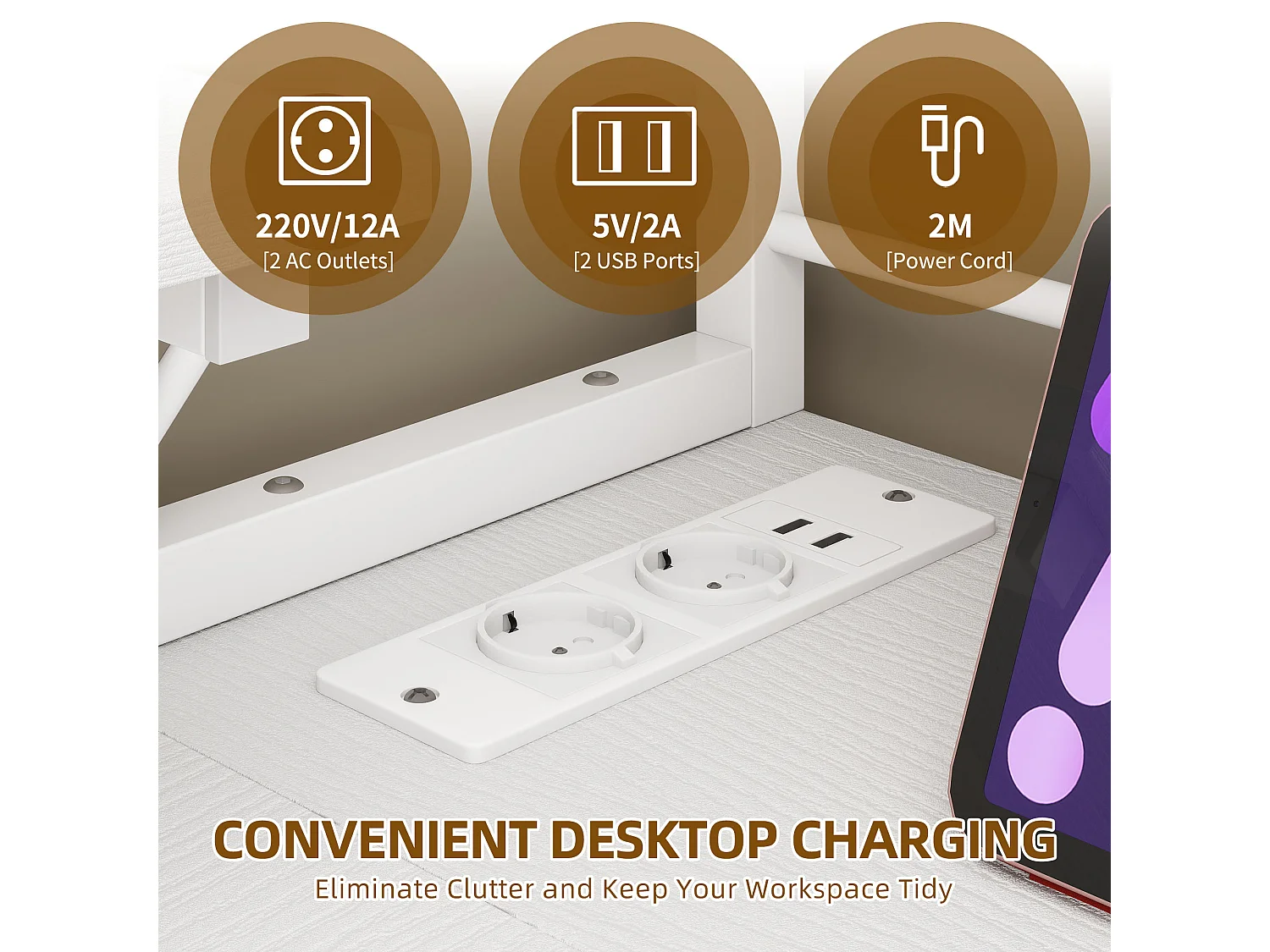 YITAHOME Bureau avec Étagère - LED - Bureau avec 2 Prises et 2 Ports de Charge USB - Table avec support d'écran -106cm - Blanc