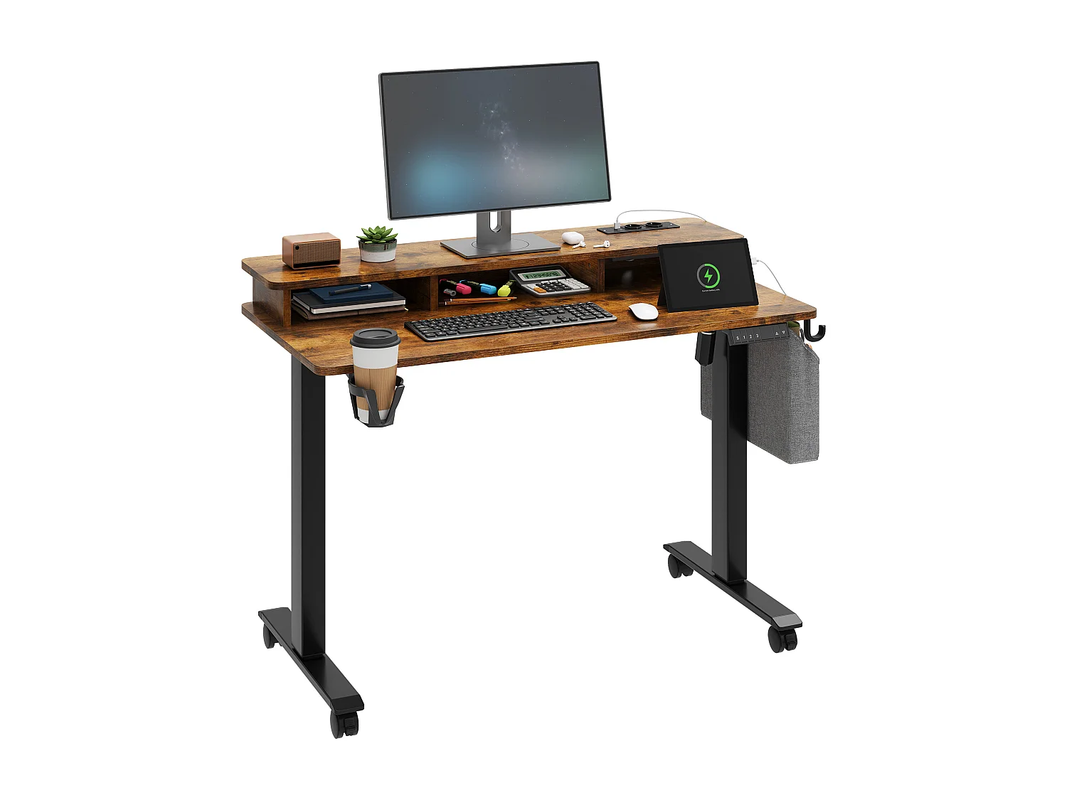 YITAHOME Bureau Électrique Réglable en hauteur - 120x60x(72-120) cm - avec tablette - 2 prises USB - 360°roulettes - Marron vintage