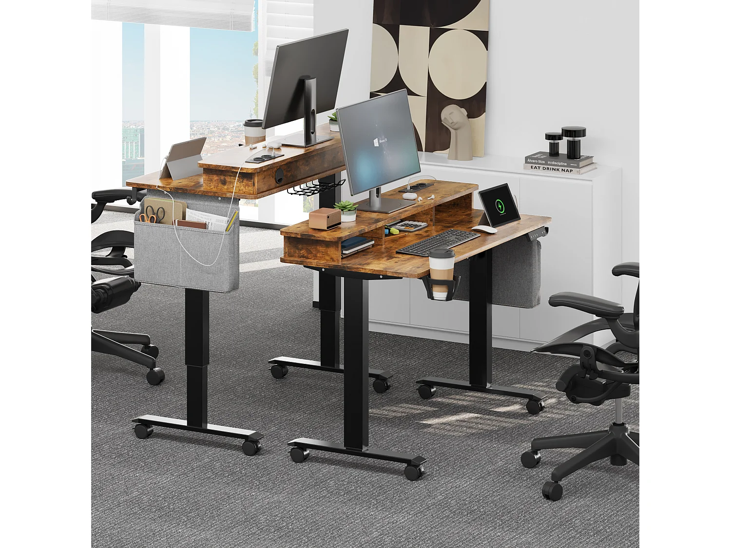 YITAHOME Bureau Électrique Réglable en hauteur - 120x60x(72-120) cm - avec tablette - 2 prises USB - 360°roulettes - Marron vintage
