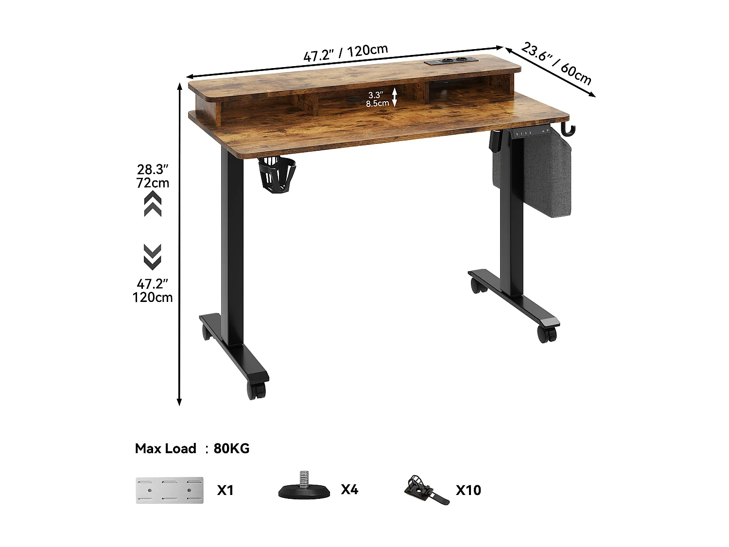 YITAHOME Bureau Électrique Réglable en hauteur - 120x60x(72-120) cm - avec tablette - 2 prises USB - 360°roulettes - Marron vintage