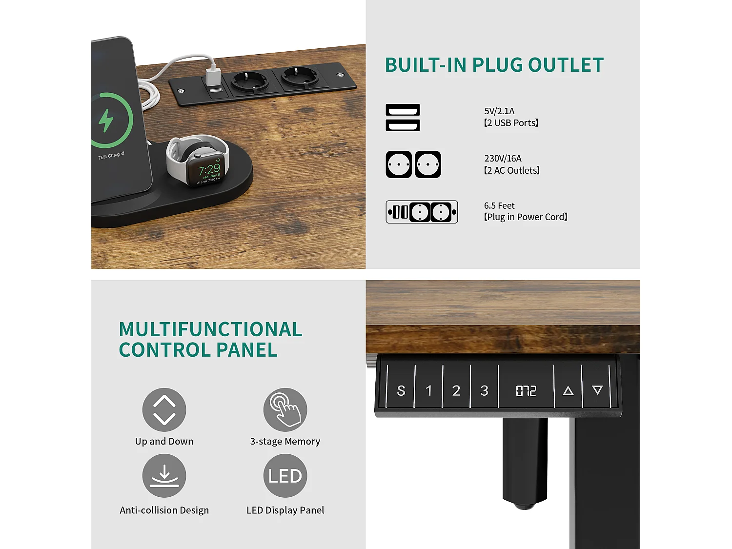 YITAHOME Bureau Électrique Réglable en hauteur - 120x60x(72-120) cm - avec tablette - 2 prises USB - 360°roulettes - Marron vintage