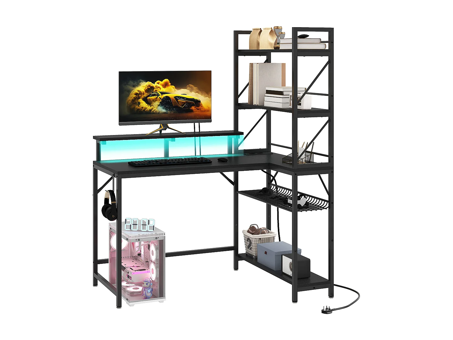 YITAHOME Bureau de Jeu avec Étagère - LED - Bureau avec 2 Prises et 2 Ports de Charge USB - Table avec support d'écran -106cm - Noir