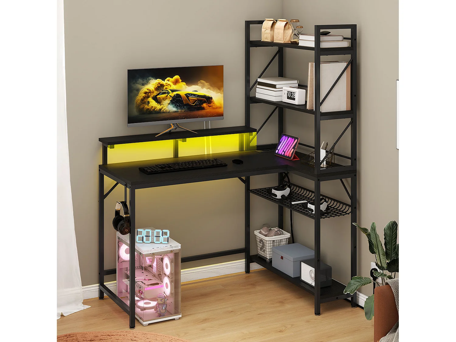 YITAHOME Bureau de Jeu avec Étagère - LED - Bureau avec 2 Prises et 2 Ports de Charge USB - Table avec support d'écran -106cm - Noir