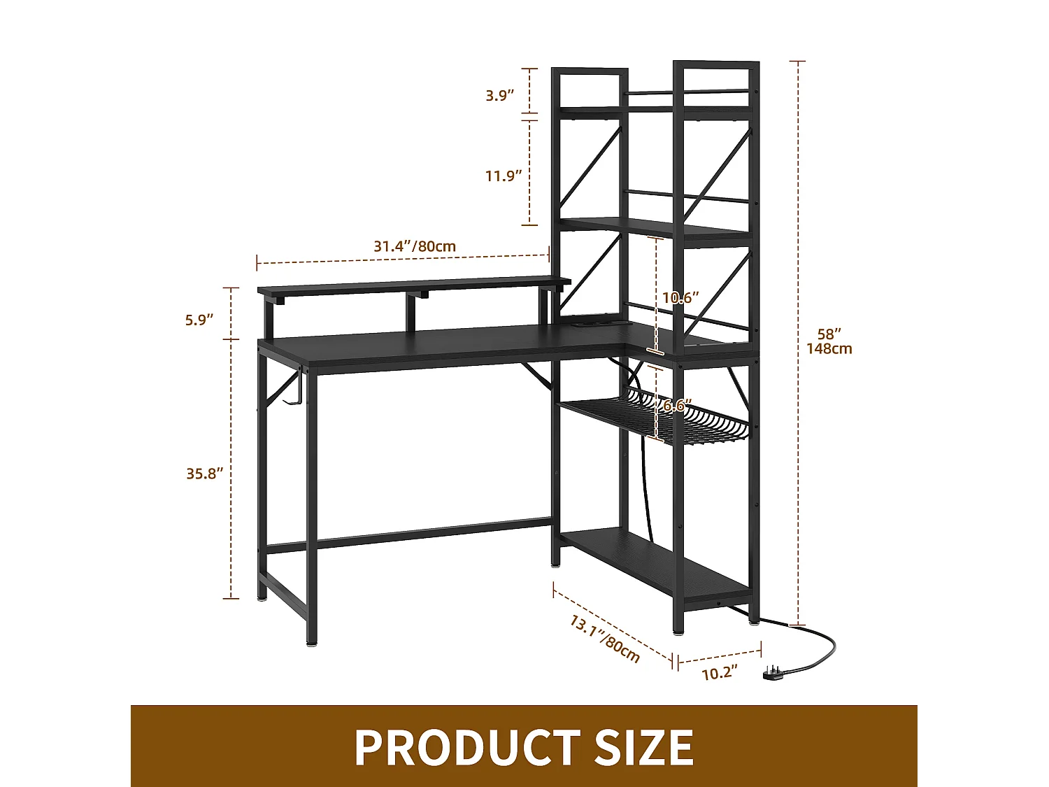 YITAHOME Bureau de Jeu avec Étagère - LED - Bureau avec 2 Prises et 2 Ports de Charge USB - Table avec support d'écran -106cm - Noir
