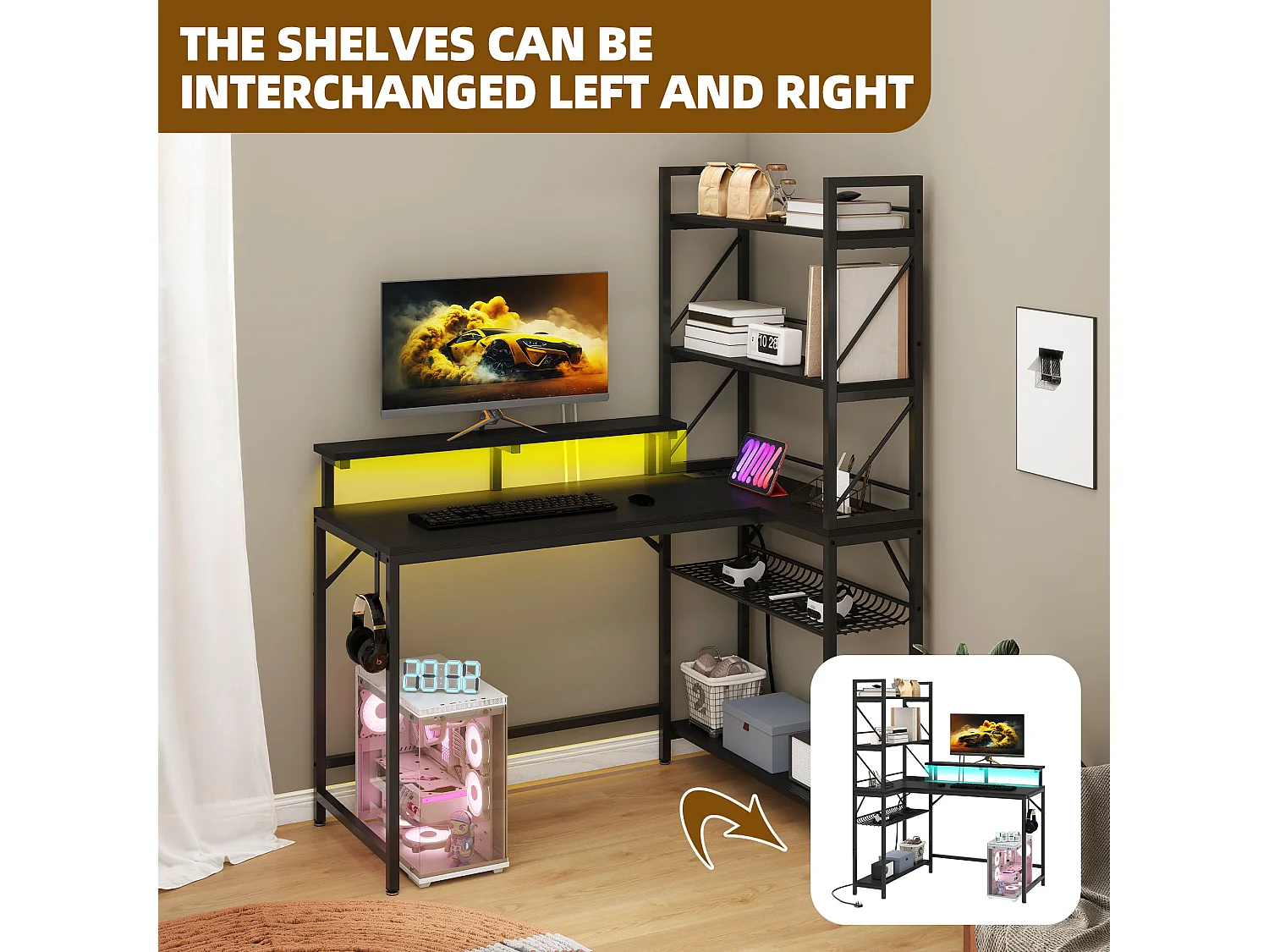 YITAHOME Bureau de Jeu avec Étagère - LED - Bureau avec 2 Prises et 2 Ports de Charge USB - Table avec support d'écran -106cm - Noir