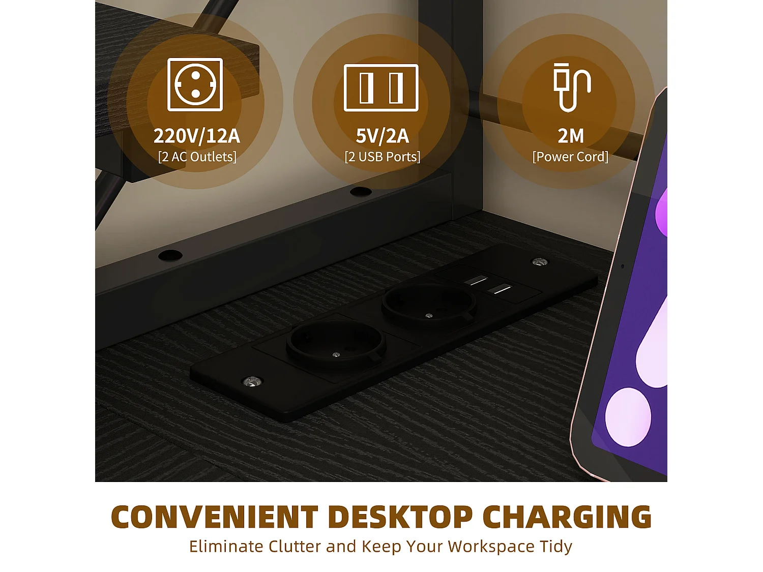 YITAHOME Bureau de Jeu avec Étagère - LED - Bureau avec 2 Prises et 2 Ports de Charge USB - Table avec support d'écran -106cm - Noir