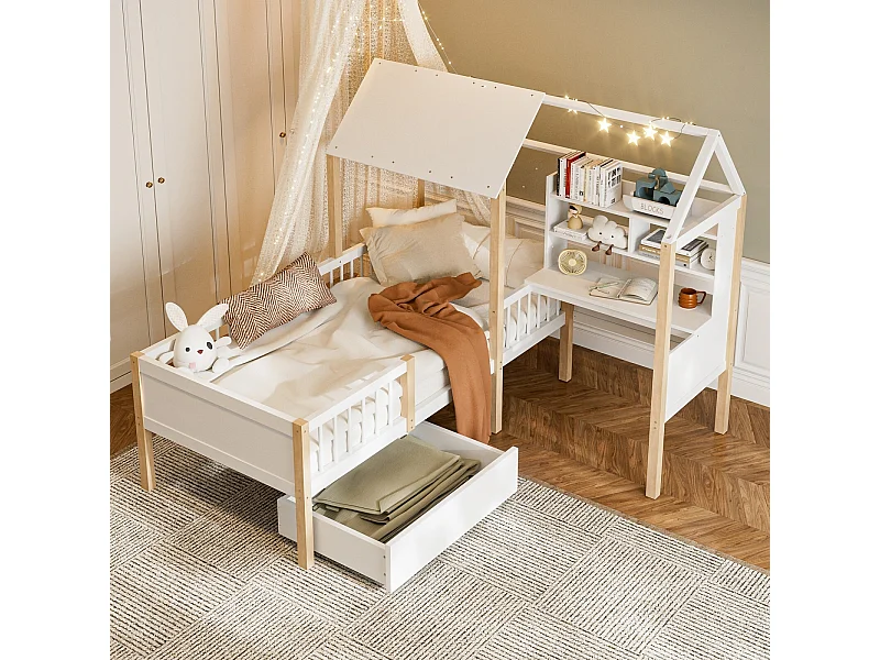 Letto di cabina 90 x 200 cm con scrivania e scaffale a forma di l - cassetto con ruote - legno massiccio e MDF - bianco