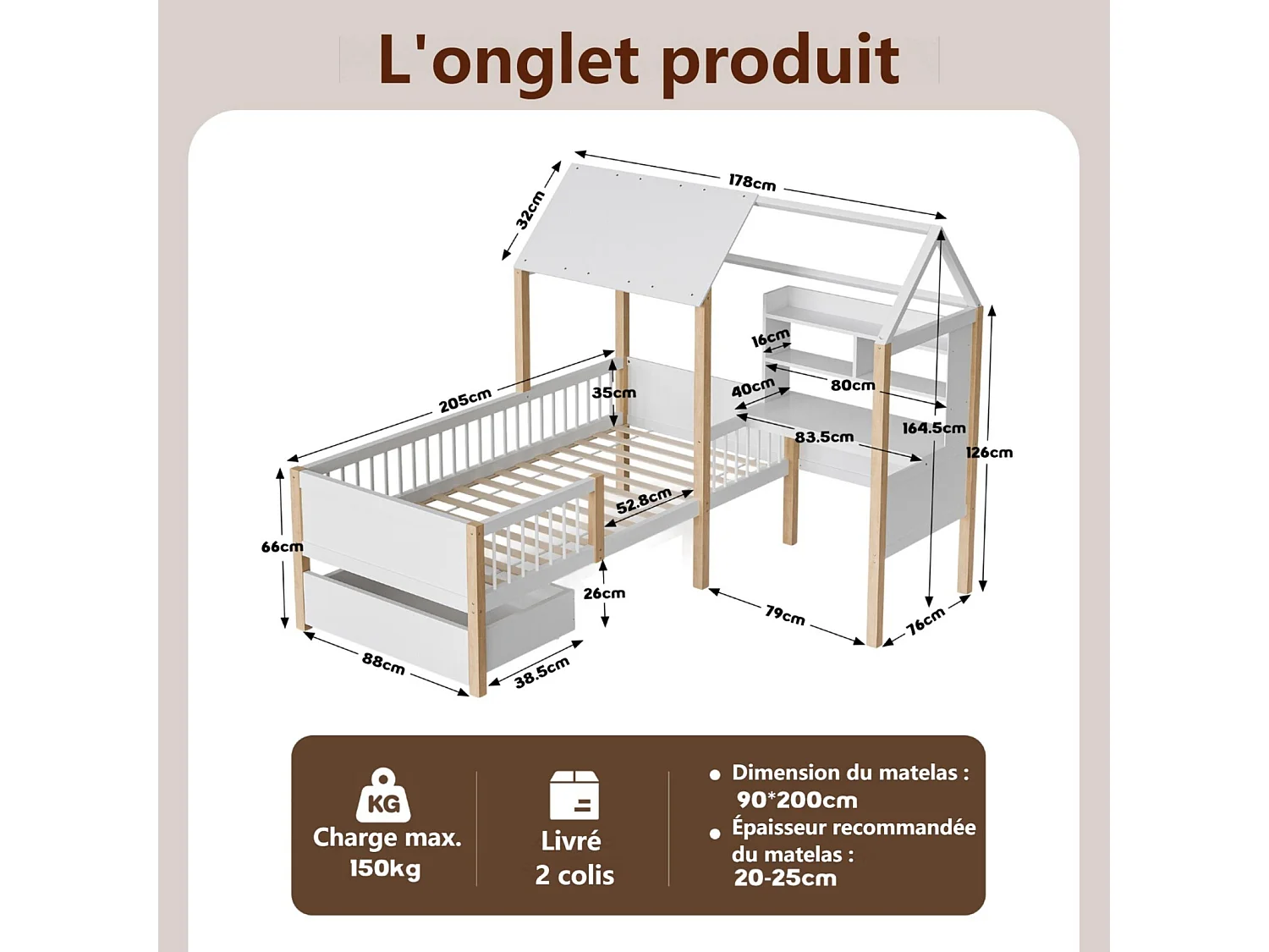 Lit cabane 90 x 200 cm avec bureau en forme de L et étagère - tiroir avec roulettes - Bois massif et MDF - Blanc